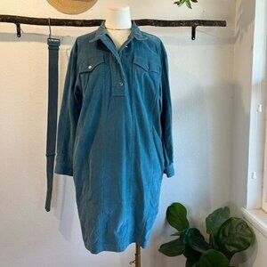 Vintage Blue Cotton Corduroy Utility Zipper Collared Shirt Belt Dress Size Small